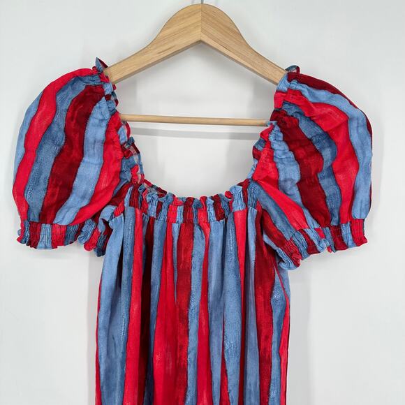 Tuckernuck Pomander Place Mini Dress Linen Blend Puff Sleeve Painterly Striped - Picture 6 of 14